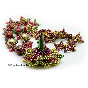 Burgundy and Olive snap clasp necklce. Beadweaving - glass spike bead, Swarovski crystals and pearls, and glass seed beads. Image copyright © Rose Rushbrooke.