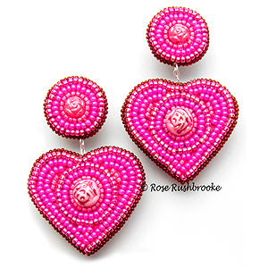 Heart Earrings by Rose Rushbrooke. Bead weaving and embroidery. Glass seed beads, and Czech pressed glass. Image copyright © Rose Rushbrooke.
