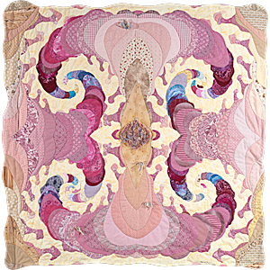 Les Folies Bergeré, fractal art quilt by Rose Rushbrooke. Hand dyed and printed cotton,and embroidery floss, hand stitched. Image copyright © Rose Rushbrooke.