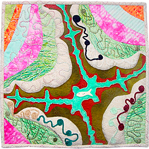 River Fish - fractal quilt by Rose Rushbrooke. Hand stitched - hand dyed and printed fabric. Image copyright © Rose Rushbrooke.