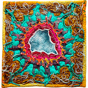 Summer's Haze - fractal quilt by Rose Rushbrooke. Hand stitched - silk and cotton fabric, silk embroidery floss, glass beads. Image copyright © Rose Rushbrooke.
