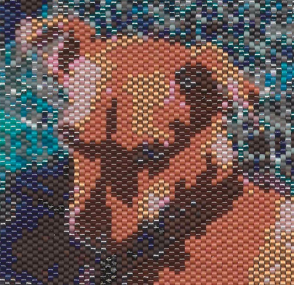 Close up of Penny's face by Rose C Rushbrooke. Tapestry made with glass seed beads. Bead weaving - peyote stitch. Image copyright &copy; Rose C Rushbrooke.