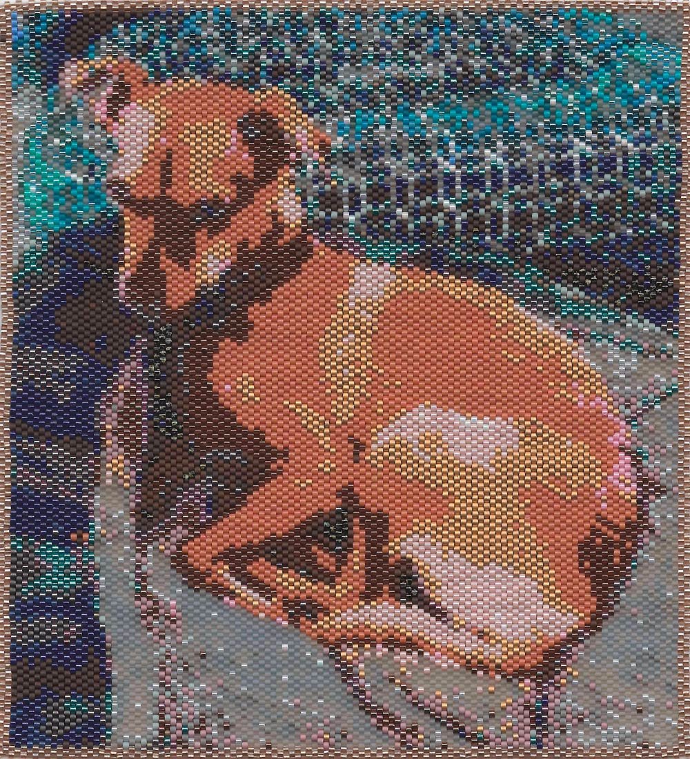 Portrait of Penny by Rose C Rushbrooke. Tapestry made with glass seed beads. Bead weaving - peyote stitch. Image copyright &copy; Rose C Rushbrooke.