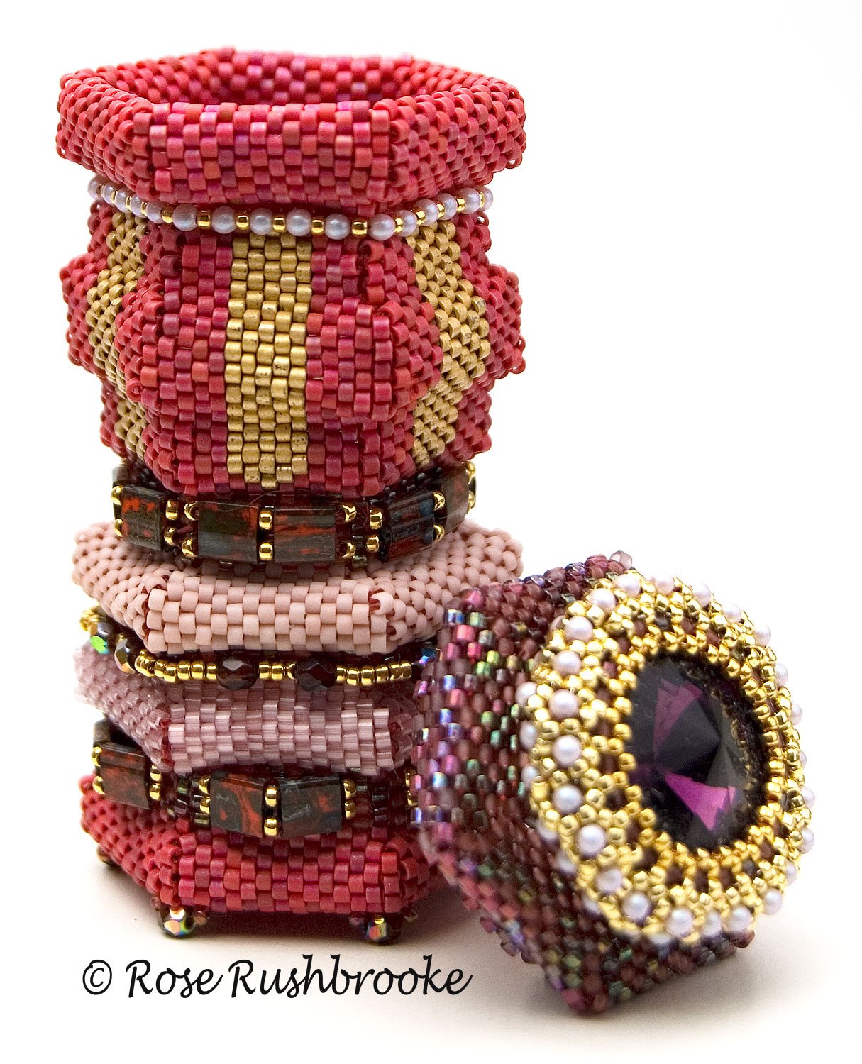 Opened Ceilte Pot by Rose C Rushbrooke. Made with glass seed beads, tila squares, crystals and pearls. Beadweaving. Image copyright &copy; Rose C Rushbrooke.