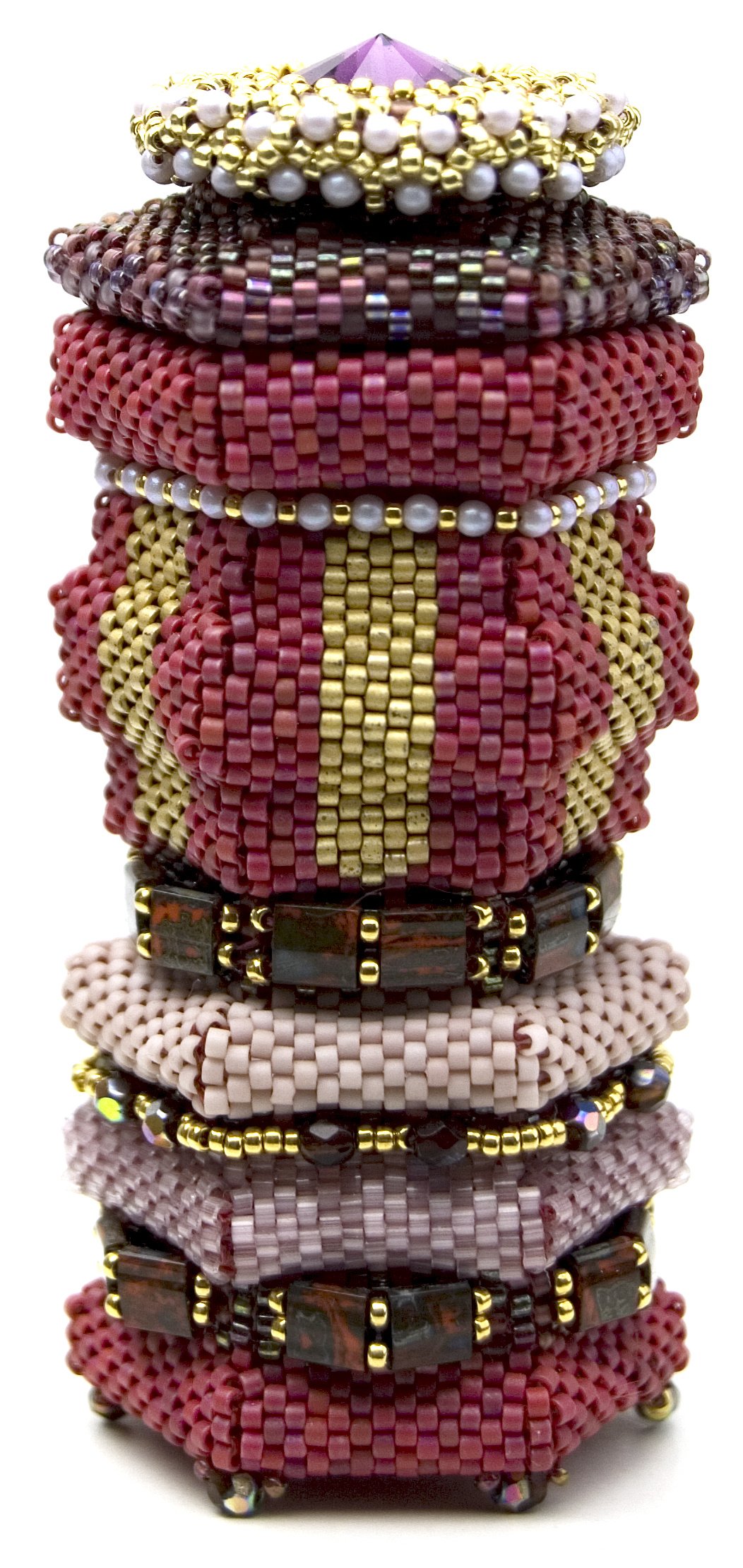 Red Ceilte Pot by Rose C Rushbrooke. Made with glass seed beads, tila squares, crystals and pearls. Beadweaving. Image copyright &copy; Rose C Rushbrooke.