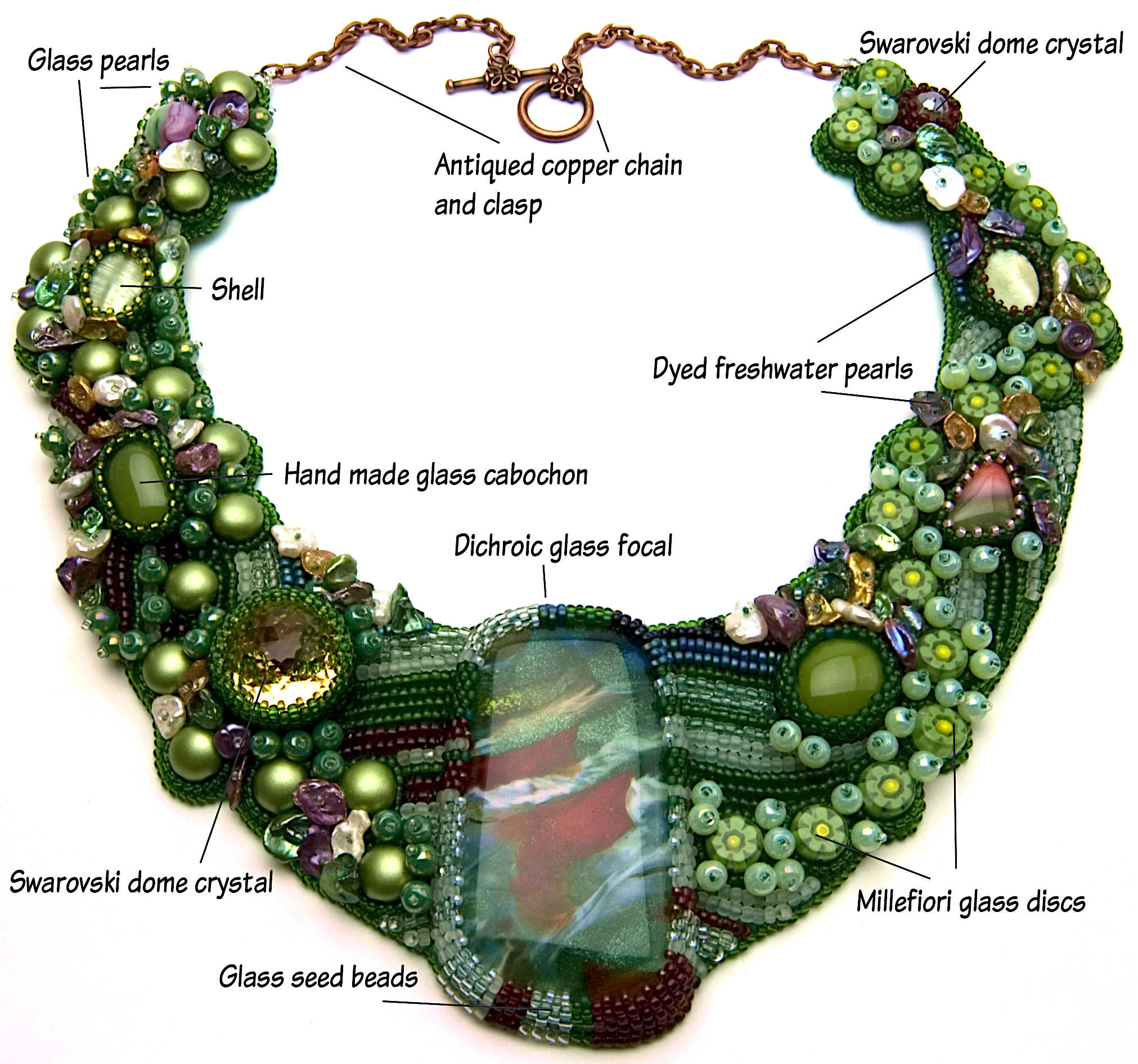 Legend for Spring Collar by Rose Rushbrooke. Bead weaving and embroidery. Seed beads, crystals, Czech glass beads, pearls, dichroic glass focal, and glass millefiori. Image copyright © Rose Rushbrooke.