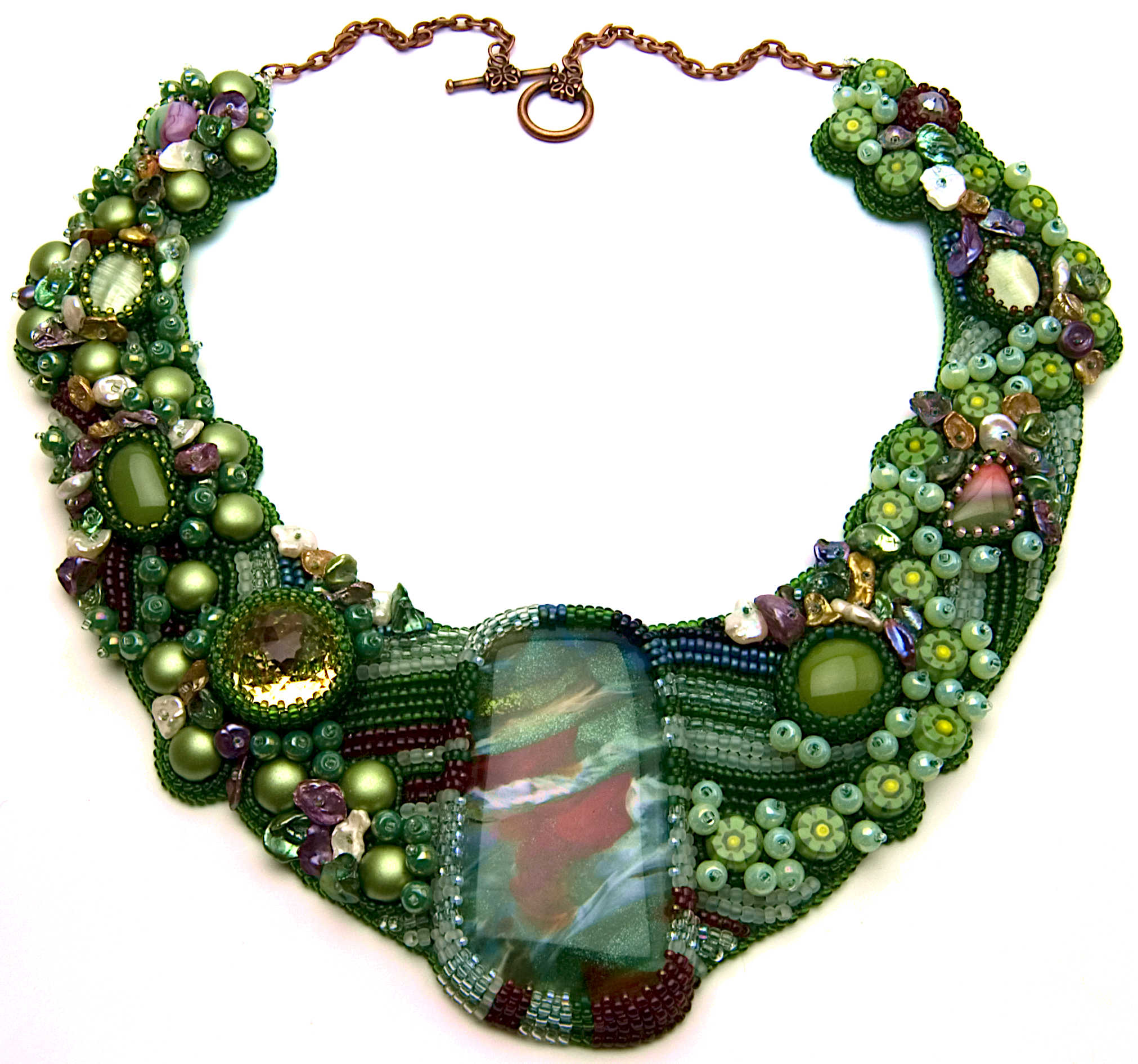 Spring Collar by Rose Rushbrooke. Bead weaving and embroidery. Seed beads, crystals, Czech glass beads, pearls, dichroic glass focal, and glass millefiori. Image copyright © Rose Rushbrooke.