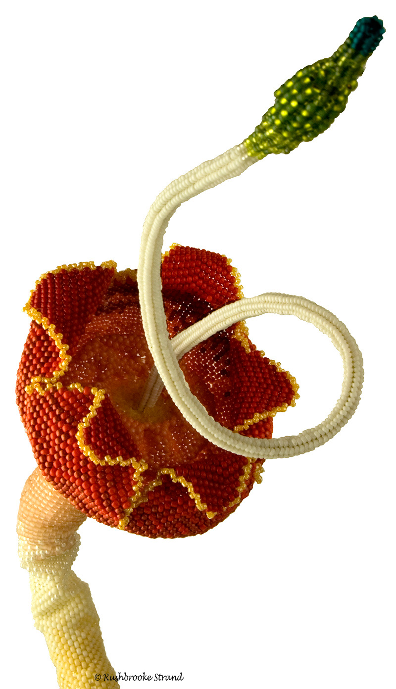 Close up 4 of Triffid - seed beads, crystals, Czech glass beads, ceramic focal, ammonites, and selected beads. Peyote stitch beadweaving, bead embroidery. BeadDreams 2018 finalist. Image copyright © Rose Rushbrooke.