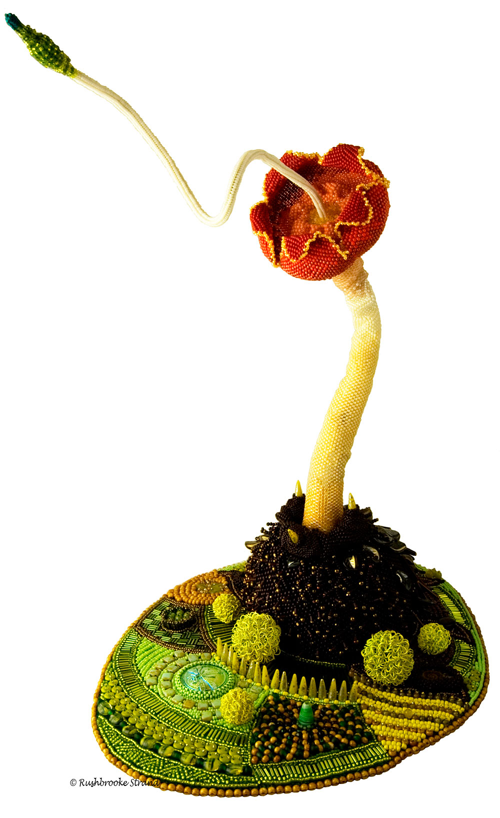 Triffid - seed beads, crystals, Czech glass beads, ceramic focal, ammonites, and selected beads. Peyote stitch beadweaving, bead embroidery. BeadDreams 2018 finalist. Image copyright © Rose Rushbrooke.