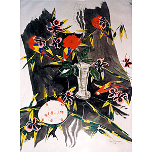 Parrots and Rose - gouache painting by Rose Rushbrooke. Image copyright © Rose Rushbrooke.