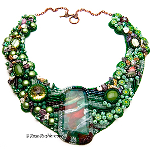 Spring Collar by Rose Rushbrooke. Bead embroidery. Glass focal, seed beads, freshwater pearls, glass pearls, Swarovski crystals, Czech glass beads. Image copyright © Rose Rushbrooke.