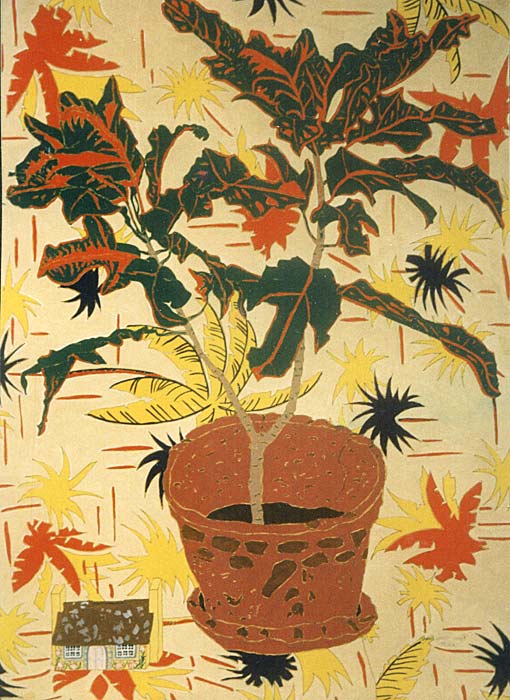 House and Croton - gouache and ink painting by Rose Rushbrooke. Image copyright &copy; Rose Rushbrooke.