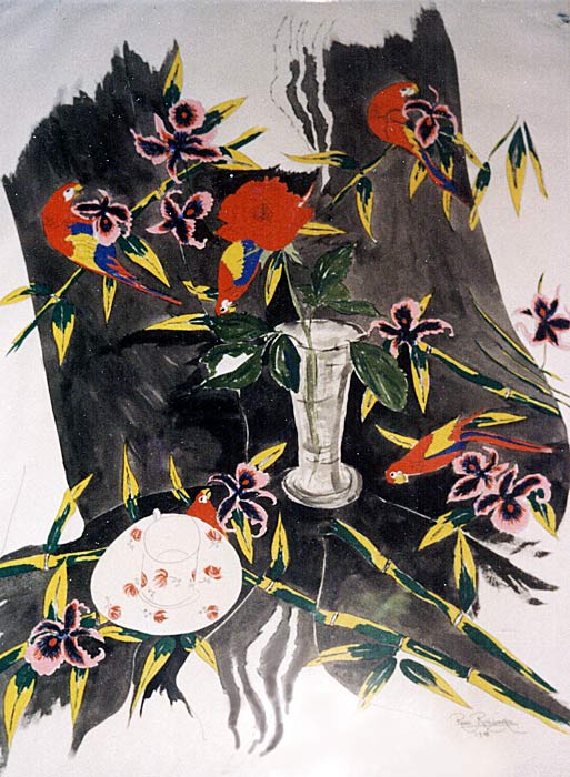 Parrots and Rose - gouache and ink painting on paper by Rose Rushbrooke. Image copyright &copy; Rose Rushbrooke.