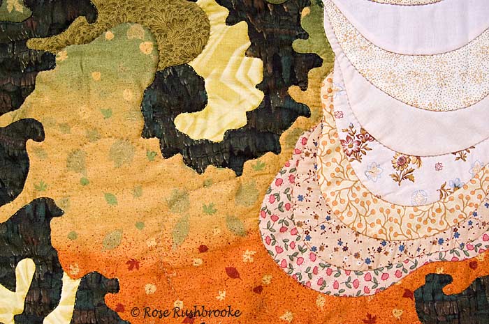 Detail 1 Bracken - fractal art quilt by Rose Rushbrooke, created for National Parks Project. Hand stitched using commercially printed fabrics. Image copyright © Rose Rushbrooke.