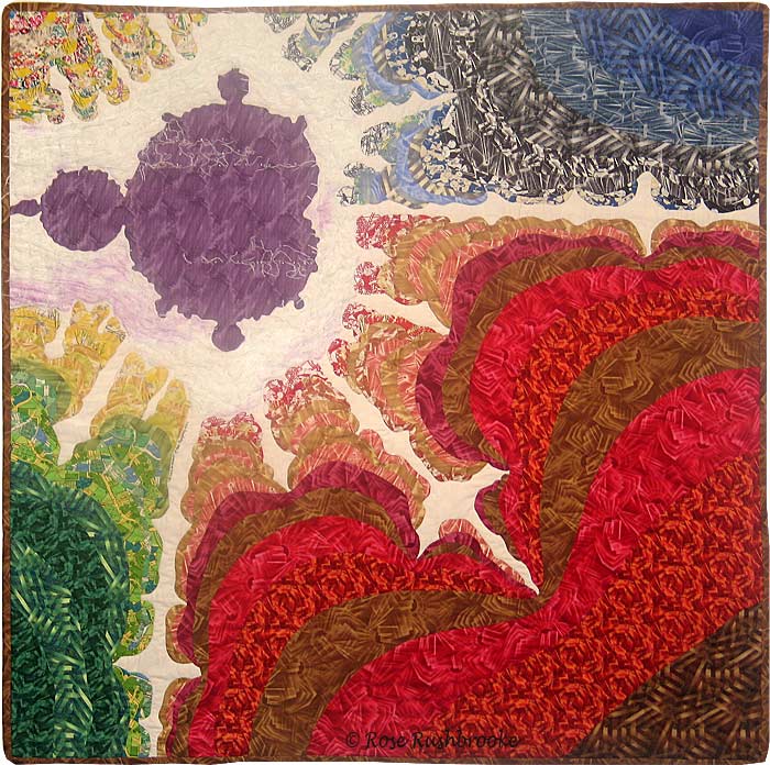 The Cliffs of Progress - fractal art quilt by Rose Rushbrooke. Hand dyed silk and 37 cotton colourways from P and B Textiles fabric collection Century of Progress. Image copyright © Rose Rushbrooke.