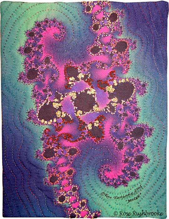 Dancer - fractal art quilt by Rose Rushbrooke. Hand stitched on hand printed cotton. Image copyright &copy; Rose Rushbrooke.