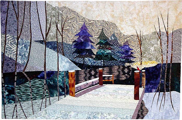 Dock Over Mocassin Lake - art quilt by Rose C Rushbrooke. Hand and machine stitched using cotton fabrics. Image copyright &copy; Rose C Rushbrooke.