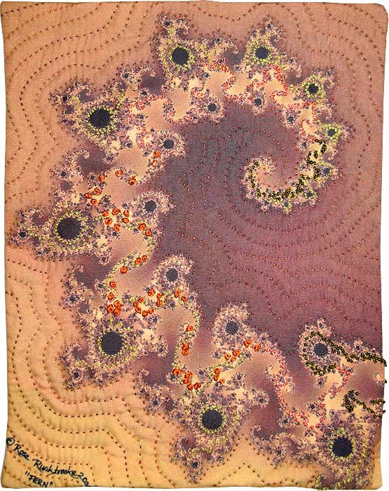 Fern - fractal art quilt by Rose Rushbrooke. Hand stitched on hand printed cotton. Image copyright &copy; Rose Rushbrooke.