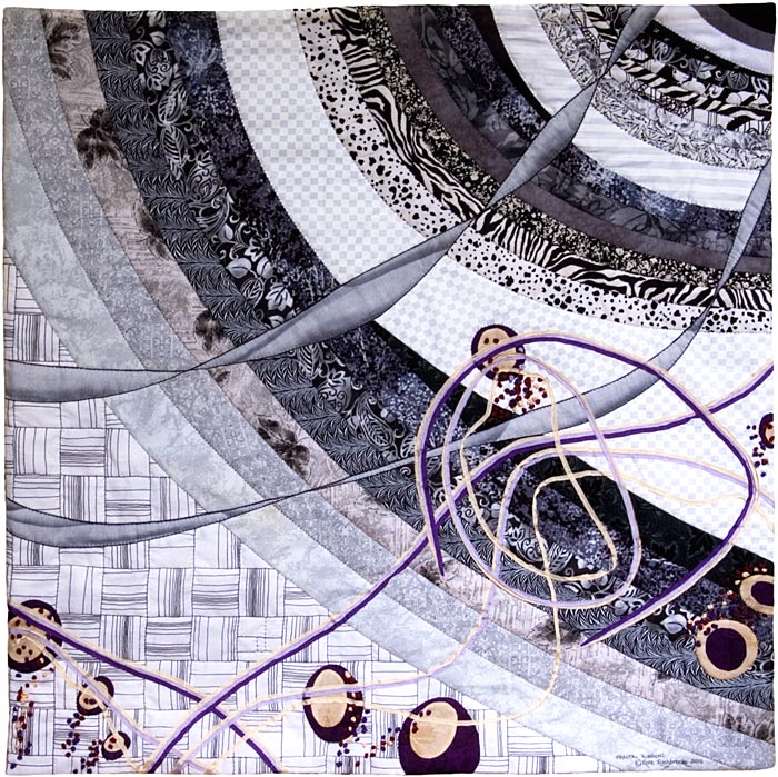 Fractal Ribbons - fractal art quilt by Rose Rushbrooke, created for Make Our Mark exhibition - High Fiber Diet group, Portland, Oregon. Hand stitched using commericially printed cotton fabric and silk thread and ribbon. Image copyright © Rose Rushbrooke.