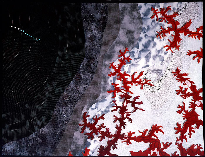 Fractally Speaking - fractal art quilt by Rose Rushbrooke. Hand and machine stitched on hand dyed and commerically printed cotton. Image copyright &copy; Rose Rushbrooke.