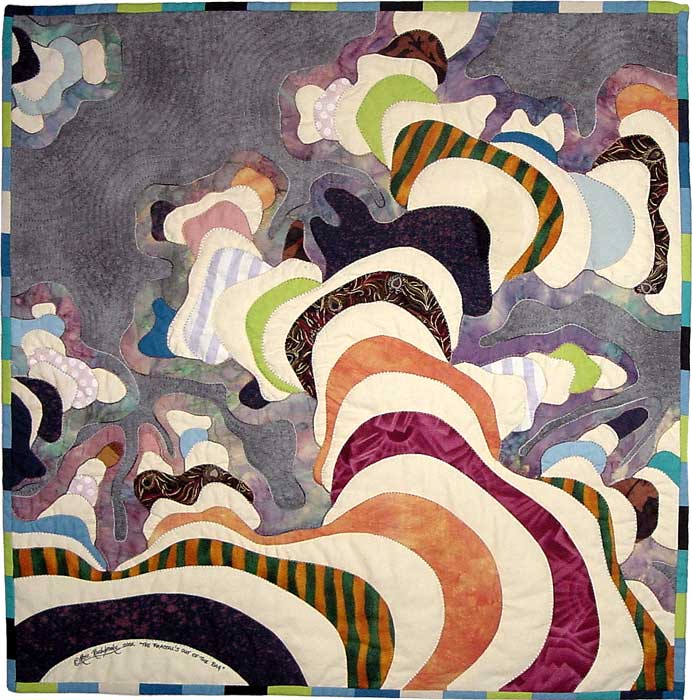 The Fractal's Out of the Bag - fractal art quilt by Rose Rushbrooke. Hand stitched using hand dyed and commercially printed cotton. Image copyright © Rose Rushbrooke.