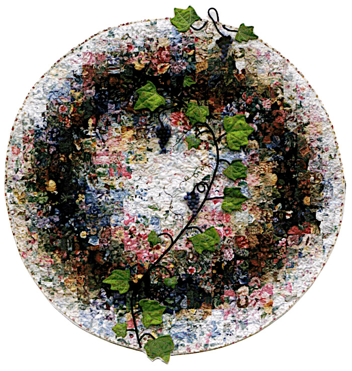 Grapes of Loudon County - watercolour art quilt by Rose Rushbrooke. Machine stitched and quilted with hand stitched three-dimensional grapevine. Hand dyed and commercially printed cotton. Image copyright &copy; Rose Rushbrooke.