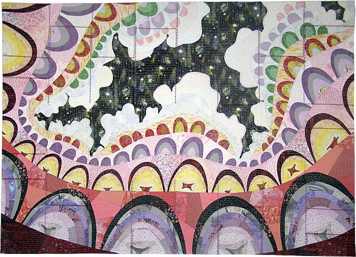 Life Opera - fractal art quilt by Rose Rushbrooke. Hand and machine stitched on hand dyed and commercially printed cotton. Image copyright &copy; Rose Rushbrooke.