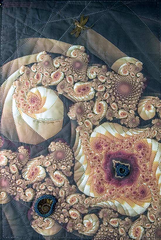 Pebble Plants - fractal art quilt by Rose C Rushbrooke, hand stitched, printed on cotton, mounted on canvas.