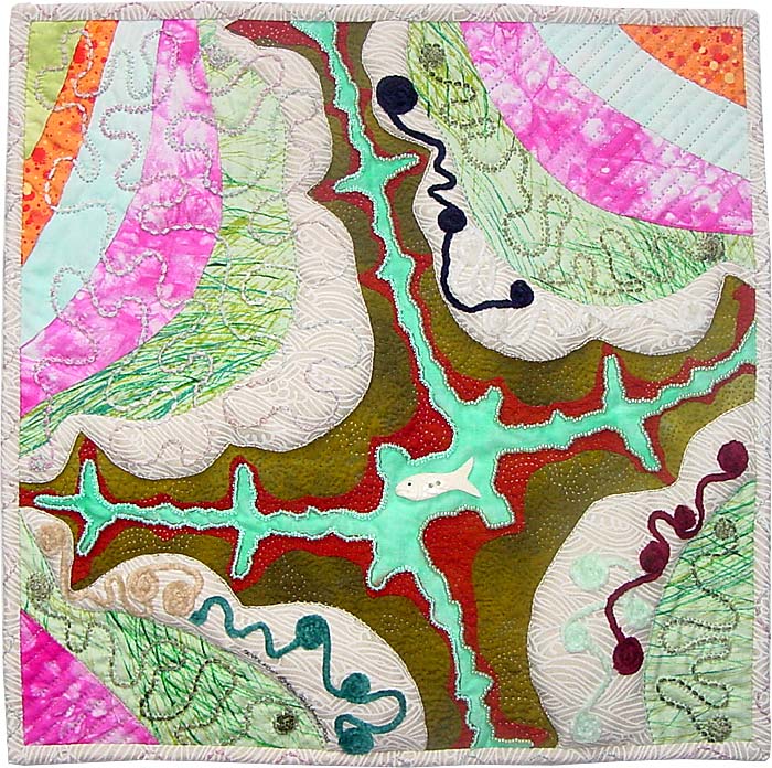 River Fish - fractal art quilt by Rose C Rushbrooke, hand stitched, hand dyed and commercially printed cotton. Image copyright &copy; Rose C Rushbrooke.