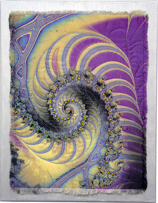 Royal Crustacean - fractal art quilt by Rose Rushbrooke. Hand stitched on hand printed silk, mounted on canvas. Image copyright &copy; Rose Rushbrooke.