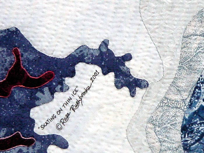 Detail 1 Skating on Thin Ice, fractal art quilt by Rose Rushbrooke. Hand dyed and printed cotton, and velvet, hand stitched. Image copyright © Rose Rushbrooke.