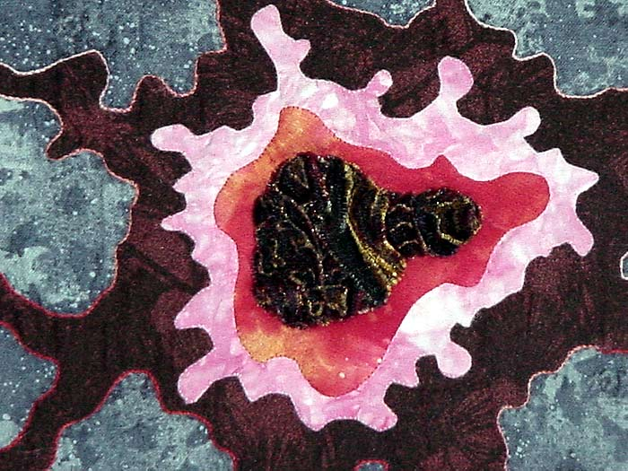 Detail 2 Skating on Thin Ice, fractal art quilt by Rose Rushbrooke. Hand dyed and printed cotton, and velvet, hand stitched. Image copyright © Rose Rushbrooke.