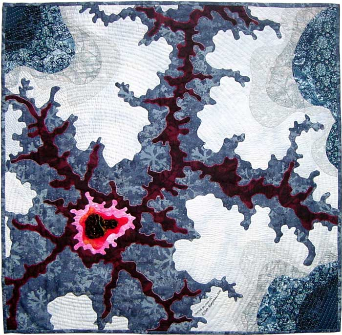 Skating on Thin Ice, fractal art quilt by Rose Rushbrooke. Hand dyed and printed cotton, and velvet, hand stitched. Image copyright © Rose Rushbrooke.