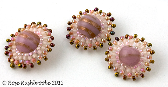 Pink circles - bead weaving, glass and seed beads. Image copyright &copy; Rose Rushbrooke.